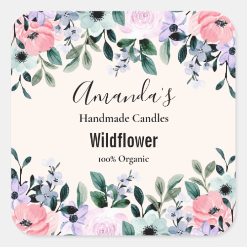 Pink  Purple Watercolor Floral Border Candle Square Sticker