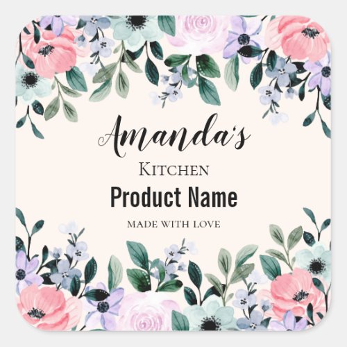 Pink  Purple Watercolor Floral Border Kitchen Square Sticker