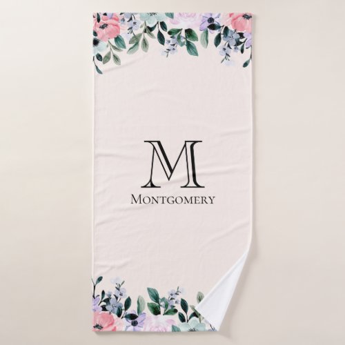 Pink  Purple Watercolor Floral Border Monogram Bath Towel Set