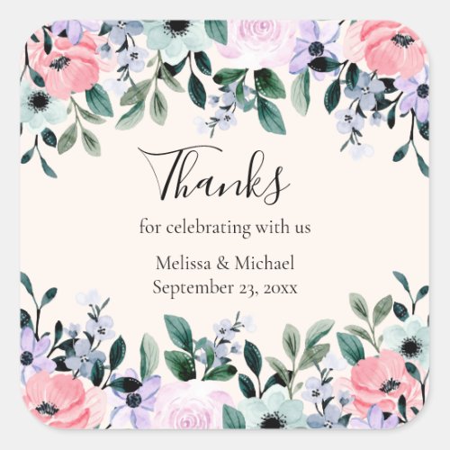 Pink  Purple Watercolor Floral Border Thank You Square Sticker