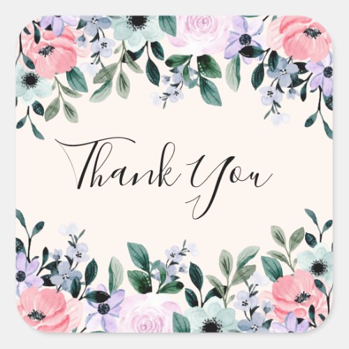 Pink  Purple Watercolor Floral Border Thank You Square Sticker