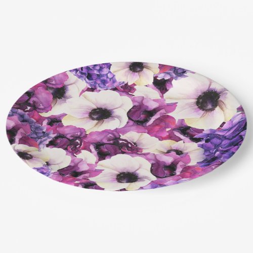Pink  Purple Watercolor Floral Bridal Shower Paper Plates
