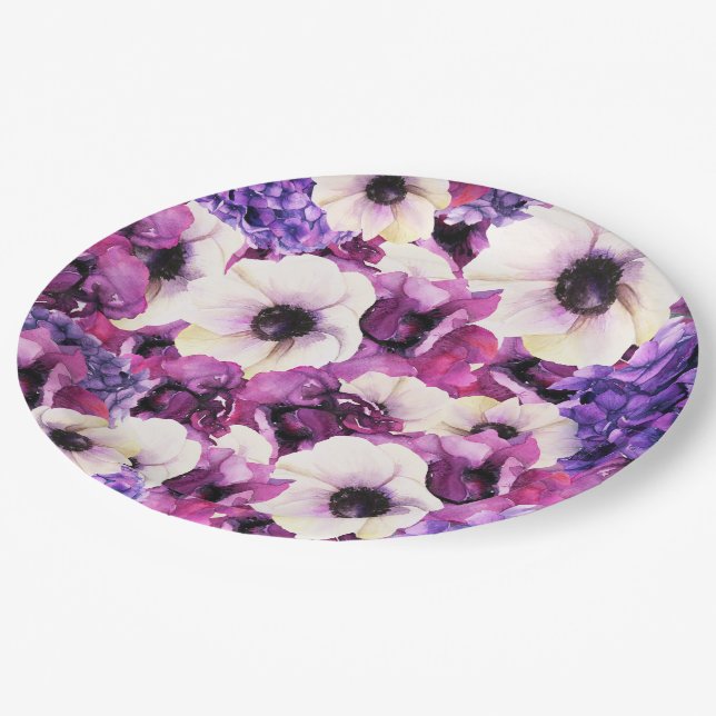 Pink & Purple Watercolor Floral Bridal Shower Paper Plates (Angled)