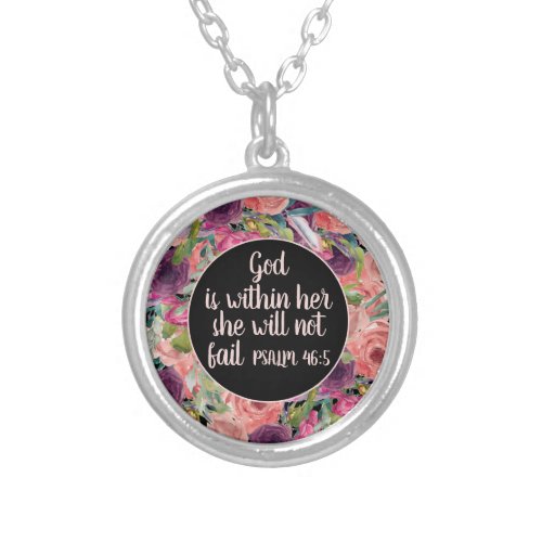 Pink Purple Watercolor Floral Christian Bible Silver Plated Necklace