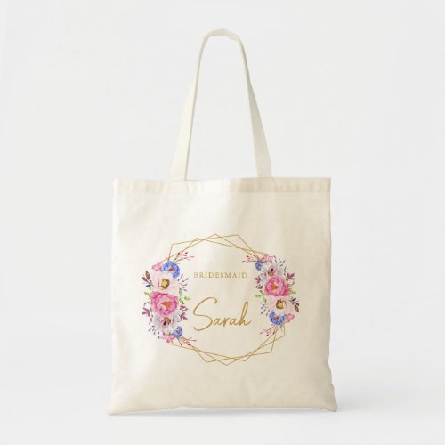 Pink Purple Watercolor Floral Frame Bridesmaid Tote Bag