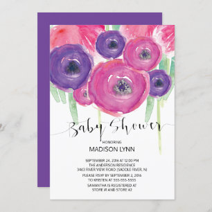 Pink Purple Watercolor Floral Girls Baby Shower Invitation
