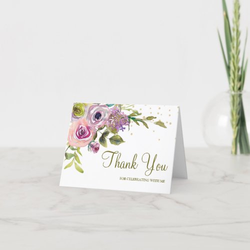Pink Purple Watercolor Floral Glitter Birthday Thank You Card