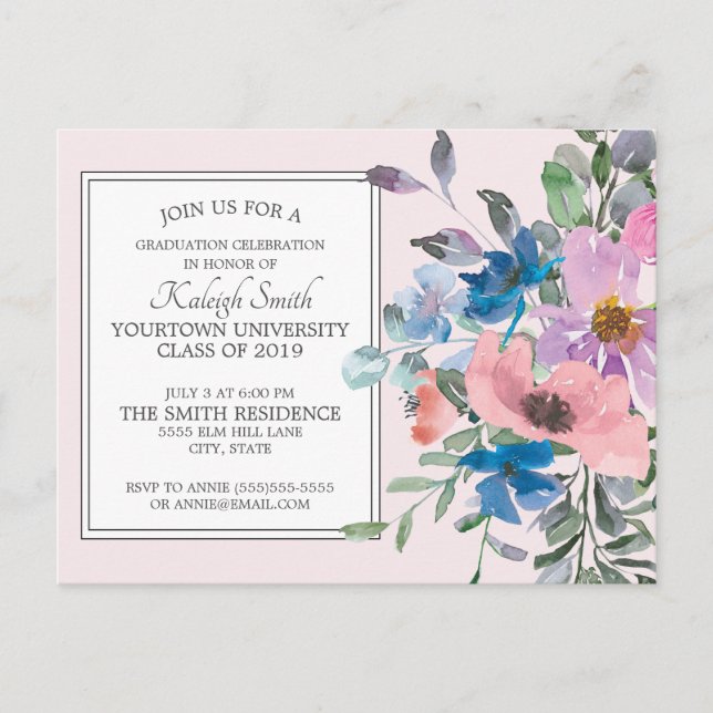 Pink Purple Watercolor Floral Graduation Party Postcard (Front)