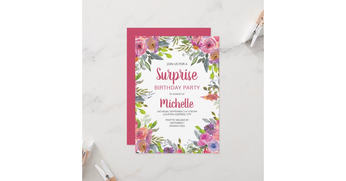 Pink Purple Watercolor Floral Greenery Birthday Invitation | Zazzle