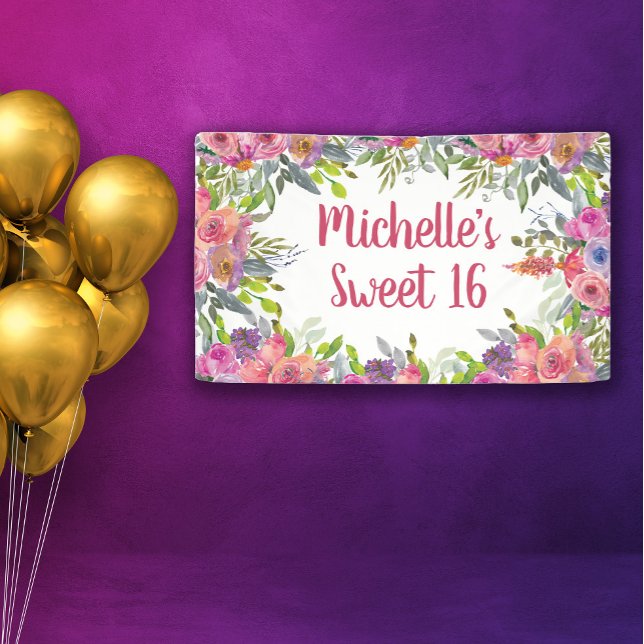 Pink Purple Watercolor Floral Greenery Sweet 16 Banner (Purple and pink watercolor floral Sweet 16 banner personalized with a name.)