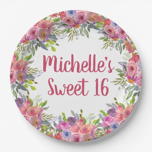 Pink Purple Watercolor Floral Greenery Sweet 16  Paper Plates