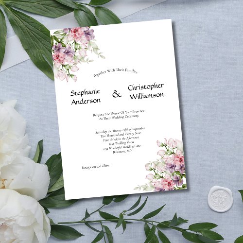 Pink Purple Watercolor Floral Greenery Wedding Invitation