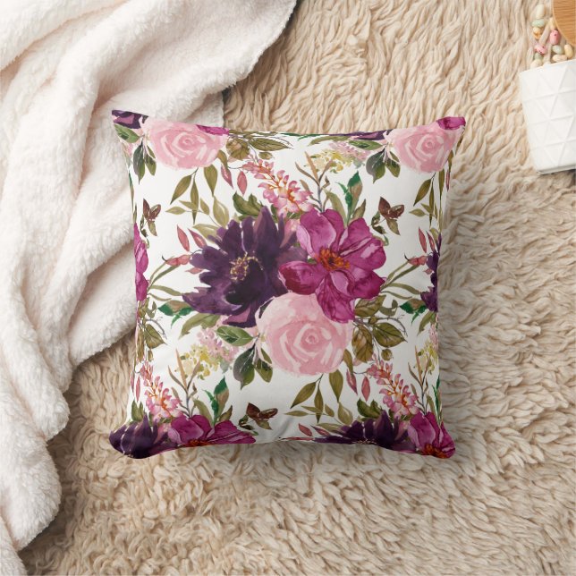 Pink Purple Watercolor Floral Greenery White Throw Pillow (Blanket)