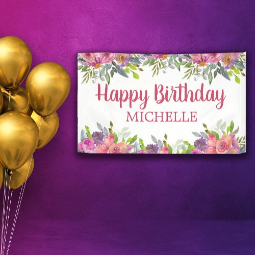 Pink Purple Watercolor Floral Happy Birthday Name Banner