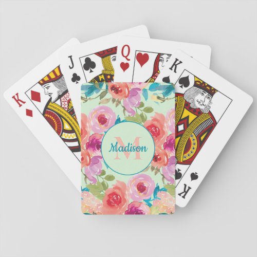 Pink Purple Watercolor Floral Mint Green Initial Poker Cards