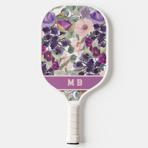 Pink Purple Watercolor Floral Monogram Initials Pickleball Paddle