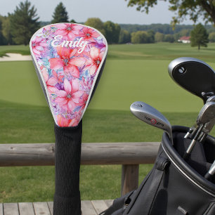 Pink Purple Watercolor Floral Name Golfer Gift Golf Head Cover