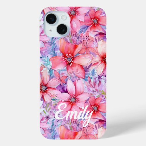 Pink Purple Watercolor Floral Personalized Name iPhone 15 Plus Case