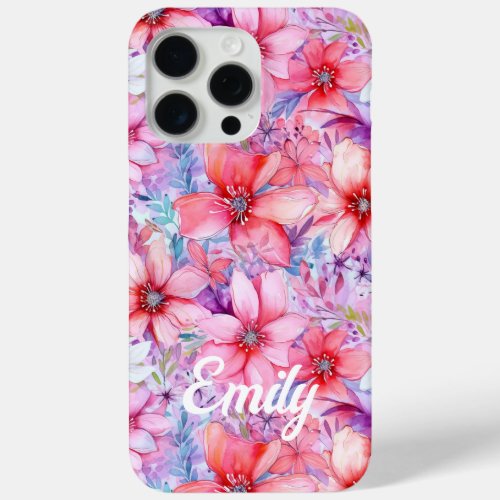 Pink Purple Watercolor Floral Personalized Name iPhone 15 Pro Max Case
