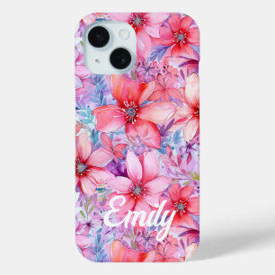 Pink Purple Watercolor Floral Personalized Name iPhone 15 Case
