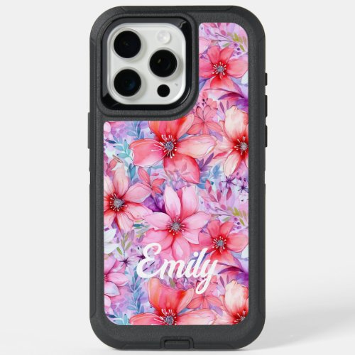 Pink Purple Watercolor Floral Personalized Name iPhone 15 Pro Max Case