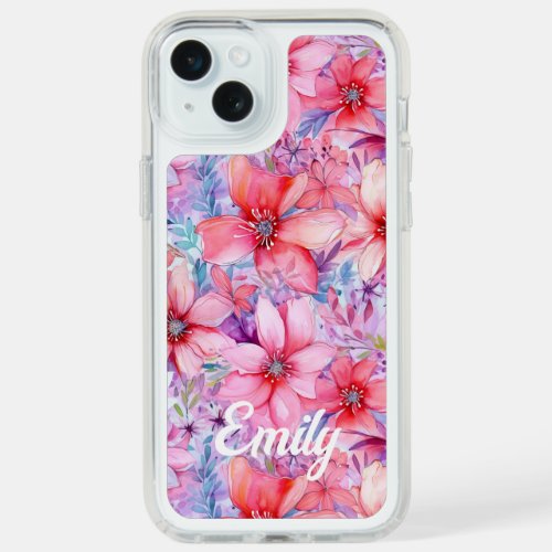 Pink Purple Watercolor Floral Personalized Name iPhone 15 Plus Case