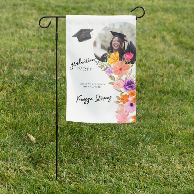 Pink & Purple Watercolor Floral Photo Graduation  Garden Flag (In SItu)