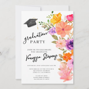 Pink & Purple Watercolor Floral Photo Graduation Invitation