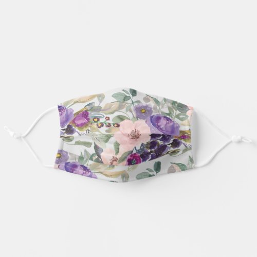 Pink Purple Watercolor Floral Sage Green Leaves Adult Cloth Face Mask