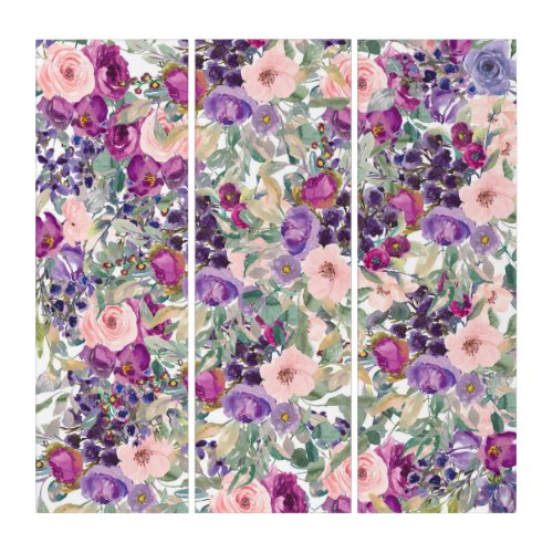 Pink Purple Watercolor Floral Sage Green Leaves Triptych