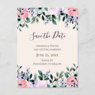 Pink & Purple Watercolor Floral Save the Date Invitation Postcard