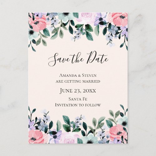 Pink  Purple Watercolor Floral Save the Date Invitation Postcard