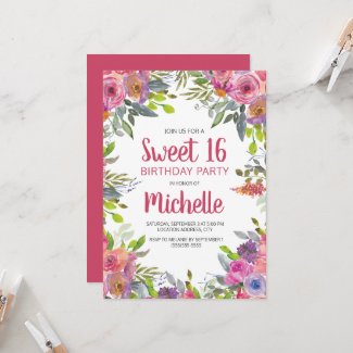 Pink Purple Watercolor Floral Sweet 16 Birthday