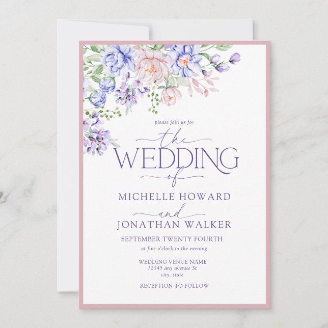 Pink Purple Watercolor Floral Wedding  Invitation (Front)