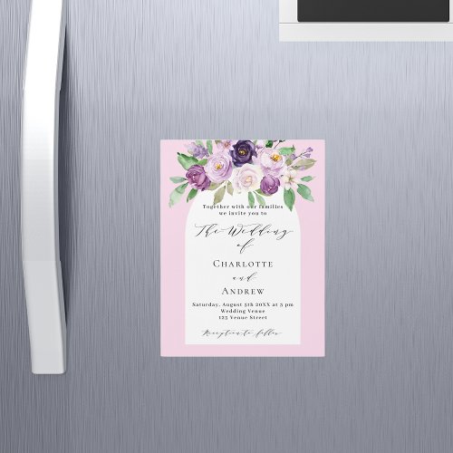 Pink purple watercolor florals arch luxury wedding magnetic invitation
