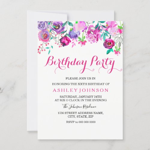 Pink Purple Watercolor Flower Birthday Party Invitation