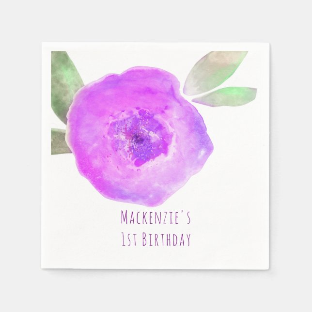 Pink Purple Watercolor Flower Birthday Party Paper Napkins (Front)
