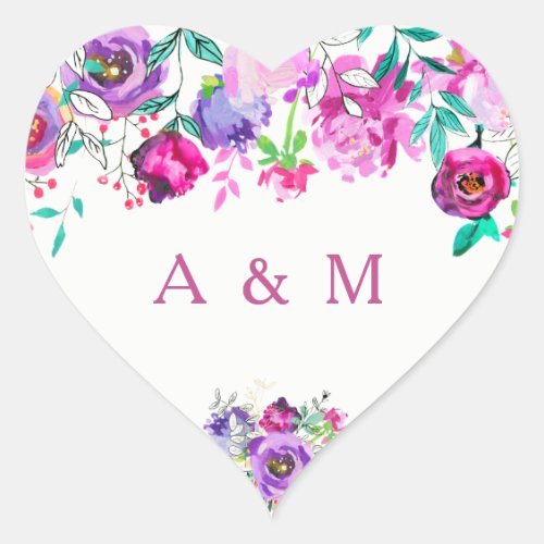 Pink Purple Watercolor Flower Mint Wedding Heart Sticker