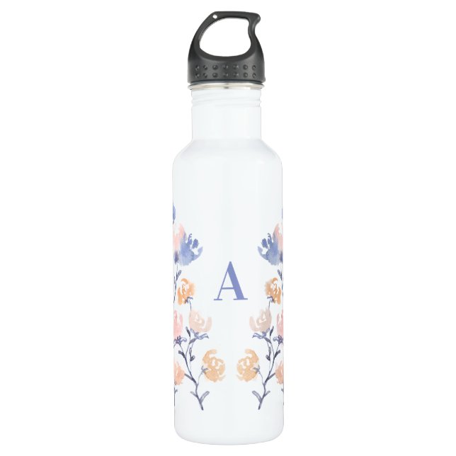 Pink & Purple | Watercolor Flower Monogram Stainless Steel Water Bottle (Front)
