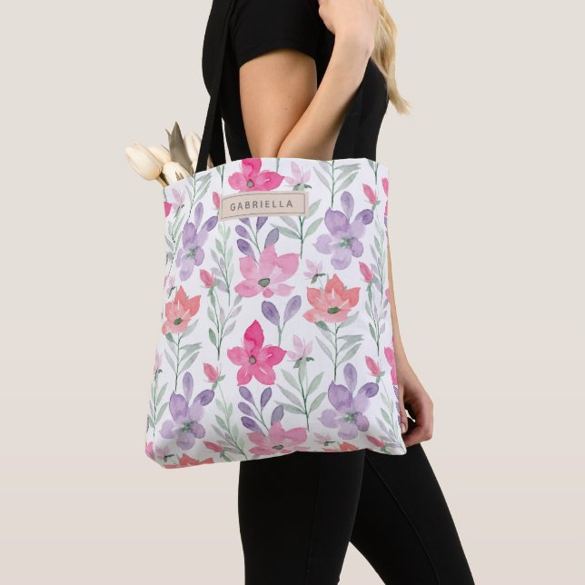 Pink Purple Watercolor Flowers Floral Personalized Tote Bag (Close Up)