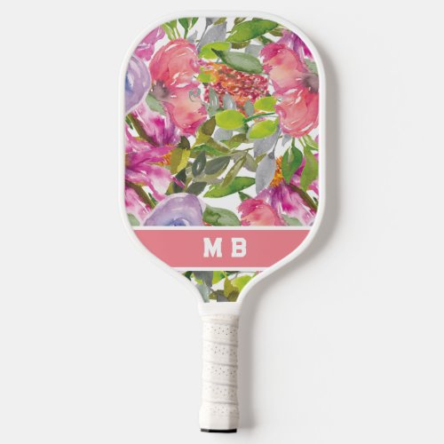 Pink Purple Watercolor Flowers Leaves Monogram Pickleball Paddle