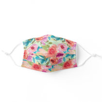 Pink Purple Watercolor Flowers Teal Leaves Green Adult Cloth Face Mask
