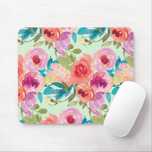 Pink Purple Watercolor Flowers Teal Leaves Green Mouse Pad