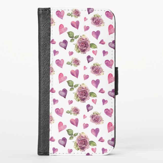 Pink Purple Watercolor Hearts Roses iPhone Wallet Case (Front)
