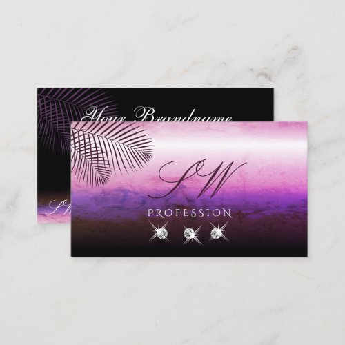 Pink Purple Watercolor Palm Leaves Jewels Initials Business Card