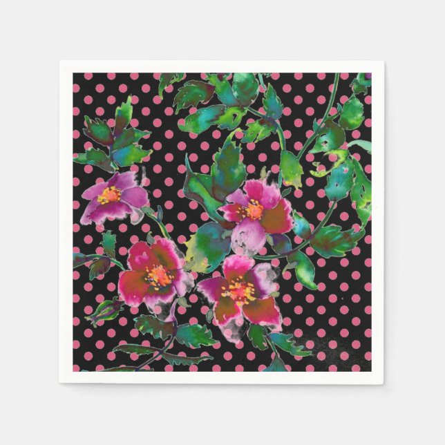 Pink purple watercolor rose painting | polka dots paper napkins (Front)