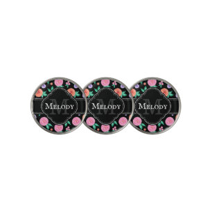 Pink / Purple Watercolor Rose Pattern on Black Golf Ball Marker