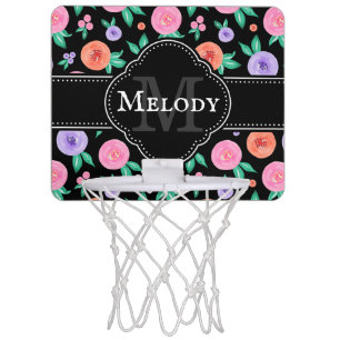 Pink / Purple Watercolor Rose Pattern on Black Mini Basketball Hoop