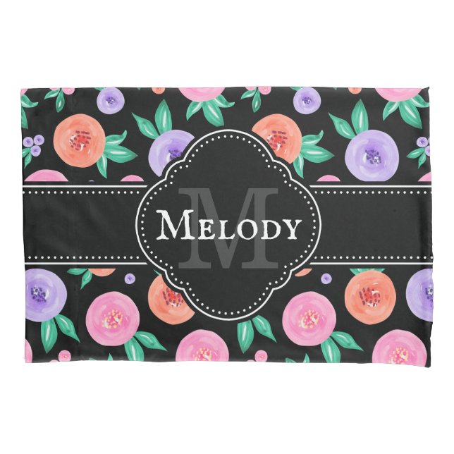 Pink / Purple Watercolor Rose Pattern on Black Pillow Case (Front)