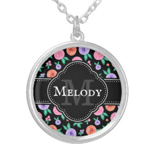 Pink / Purple Watercolor Rose Pattern on Black Silver Plated Necklace